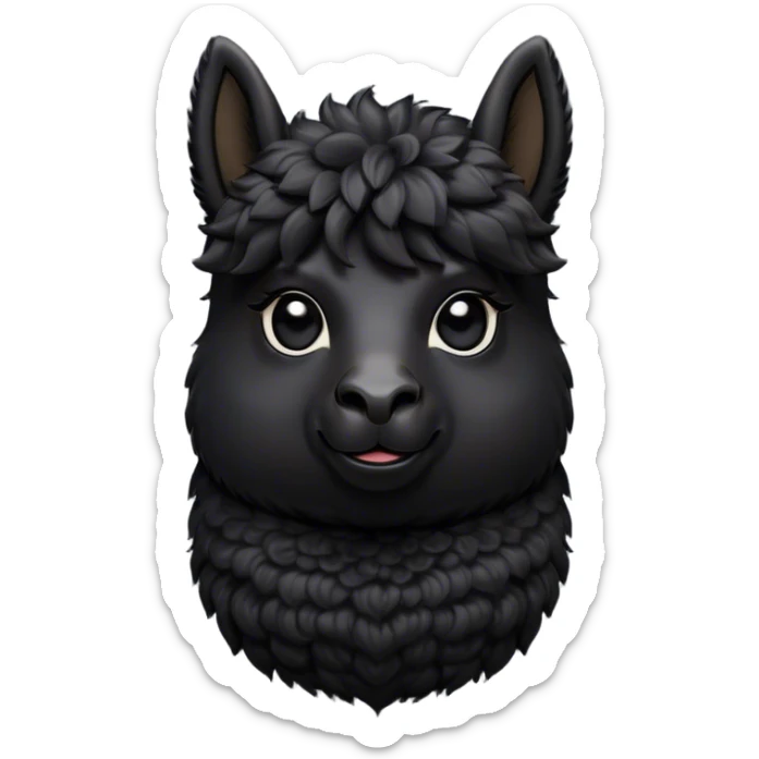 Cinematic Noble Black Alpaca Portrait Emoji, Poised and regal, with a striking, sturdy build and a sleek, well-groomed jet-black fleece, deep-set soulful dark eyes, Simplified yet sharp and sophisticated features, highly detailed, glowing with a soft, dignified glow, high shine, intelligent and mysterious, stylized with an air of elegant austerity, focused and attentive, soft glowing outline, capturing the essence of a watchful and confident companion, so majestic it feels as though it could stride out of the screen with effortless authority! sticker
