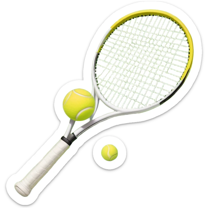 A tennis racket with a bright yellow tennis ball resting on it, set against the backdrop of a well-maintained tennis court. The scene emphasizes the smooth lines of the court and the focus on the ball and racket, symbolizing the elegance and precision of the sport sticker