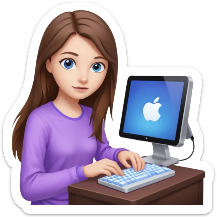 beautiful girl with long brown hair, blue eyes and wearing light purple clothes playing computer games sticker