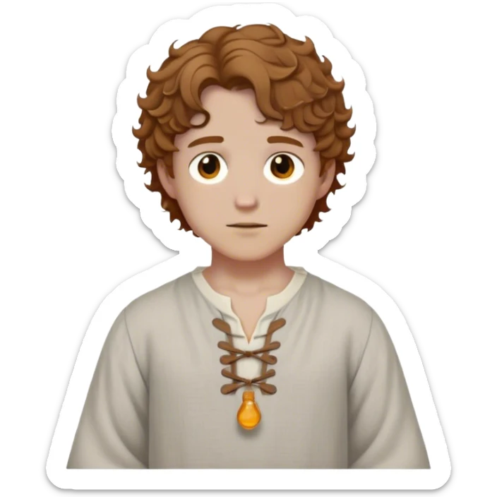 Medieval spring outfit worn by a DnD themed fantasy male character. Pale gray linen tunic with gathered sleeves, adorned with wooden toggle buttons at the collar. Clothes only above the waist, full waist coverage. The character has no arms. Character is white-skinned with honey-brown hair, amber eyes, and short curly hair that frames the face. sticker