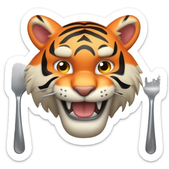 a muscular grinning tiger holding a fork poking into a fillet of salmon with the tip of its paws sticker