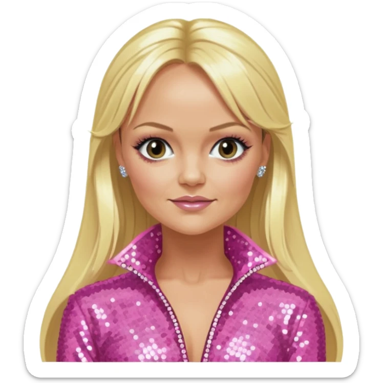 Emma Bunton from Spice Girls with long blonde two high ponytail hair, pink sequin outfit sticker