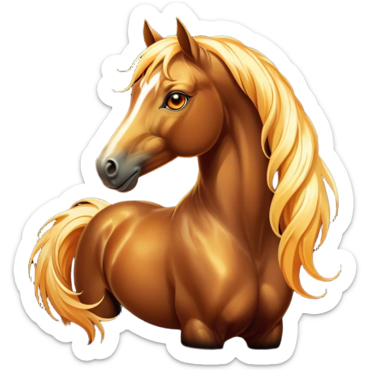 Cinematic Elegant Bay Horse Portrait Emoji, Head held high with a serene, majestic gaze, showcasing a magnificent bay fur with a rich, lustrous sheen, a flowing mane and tail, and radiant amber eyes that exude beauty and grace, Simplified yet majestically refined features, highly detailed, glowing with a soft, ethereal light, high shine, poised and breathtaking, stylized with an air of pure elegance, capturing the essence of a stunning and graceful steed, so beautiful it feels like it could gallop out of the screen with effortless charm! sticker