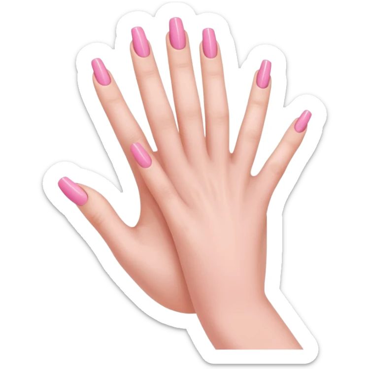  pink  close-up of a human hand with exactly five fingers, beautifully manicured nails, glossy pink nail polish, elegant nail shape, soft lighting, realistic style, isolated on transparent background" sticker