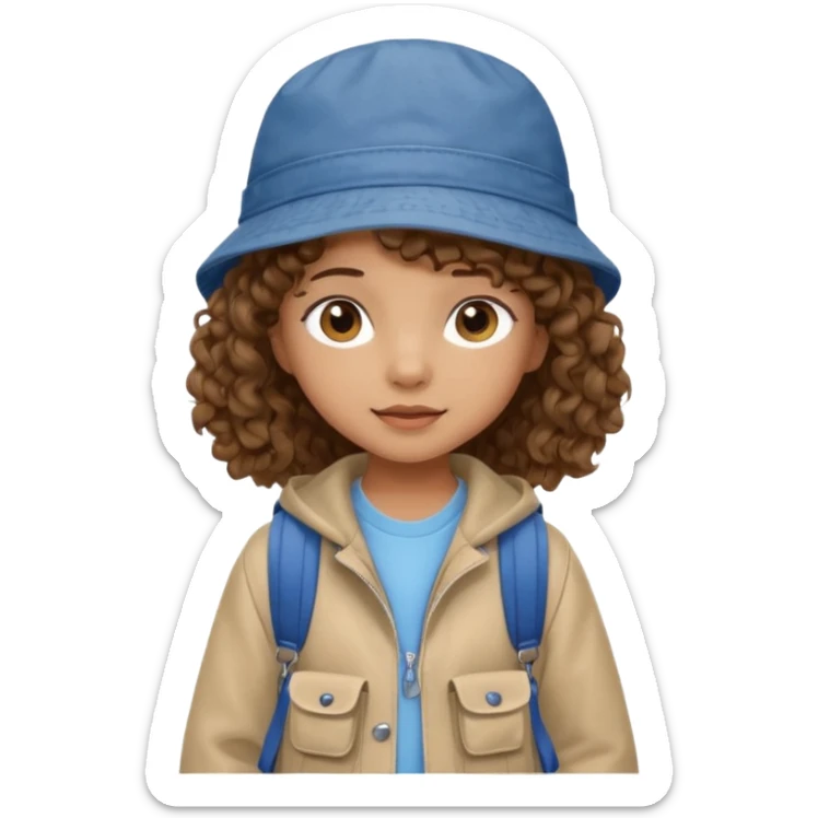 A little girl student curly brown hair, with jean bucket hat, beige jacket, blue backpack sticker