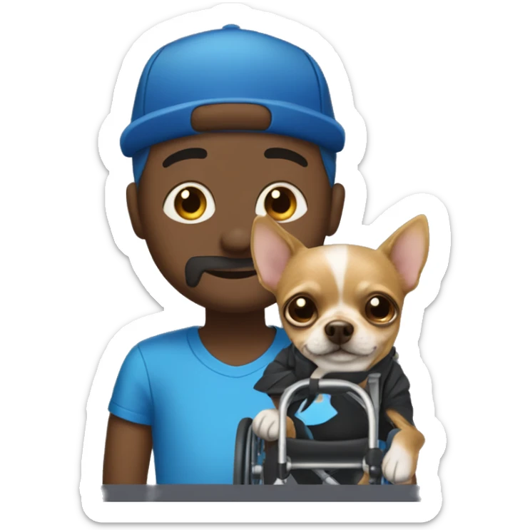 Dark man in wheelchair with a blue AF hat on with a yorkie chihuahua on his lap￼ sticker