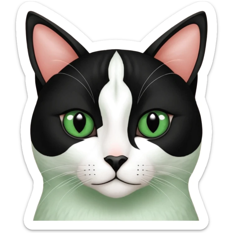 Haz una gata de ojos verdes la cara blanca con mancha negra en las orejas que agarra parte de la frente del lado der pero del iz va desde el ojo hasta la oreja la mancha, tiene la nariz negra en forma de corazón y todo lo que sobra de la cara, barbilla la nariz arriba y el lado de bigotes es blanca sticker