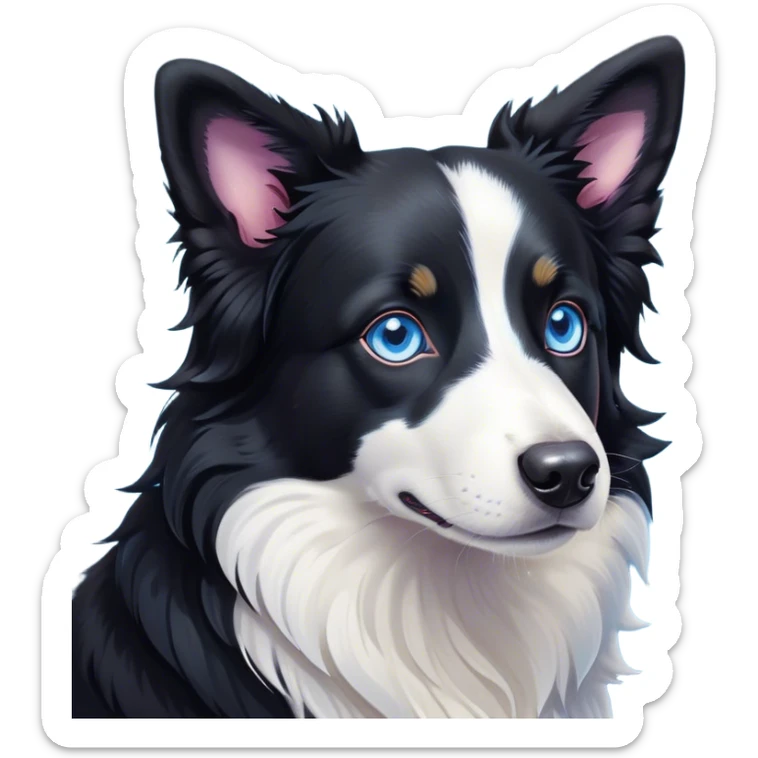 Cinematic Cute Black and White Border Collie Portrait Emoji, Head tilted playfully and inquisitively, with a sleek black and white coat and bright, sparkling blue eyes filled with curiosity, Simplified yet irresistibly adorable features, highly detailed, glowing with a warm, friendly glow, high shine, energetic and affectionate, stylized with a touch of whimsy, bright and endearing, soft glowing outline, capturing the essence of a mischievous yet loving pup, so playful it feels like it could bound out of the screen and into your arms! sticker
