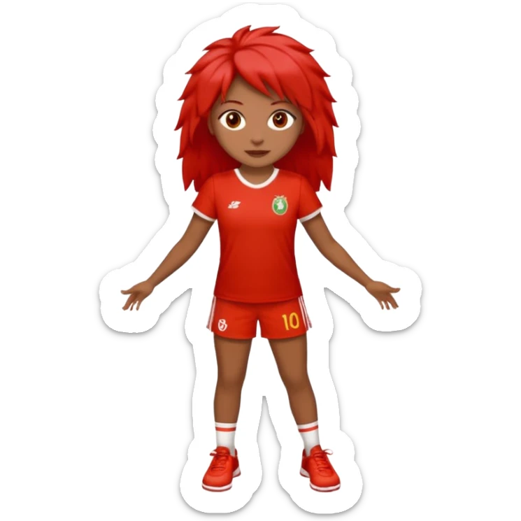 Crie uma rapariga com cabelo encaracolado, longo e frisado, olhos escuros, muitos sinais na cara, blusa vermelha e branca às riscas, calças de ganga, ténis samba fake  sticker