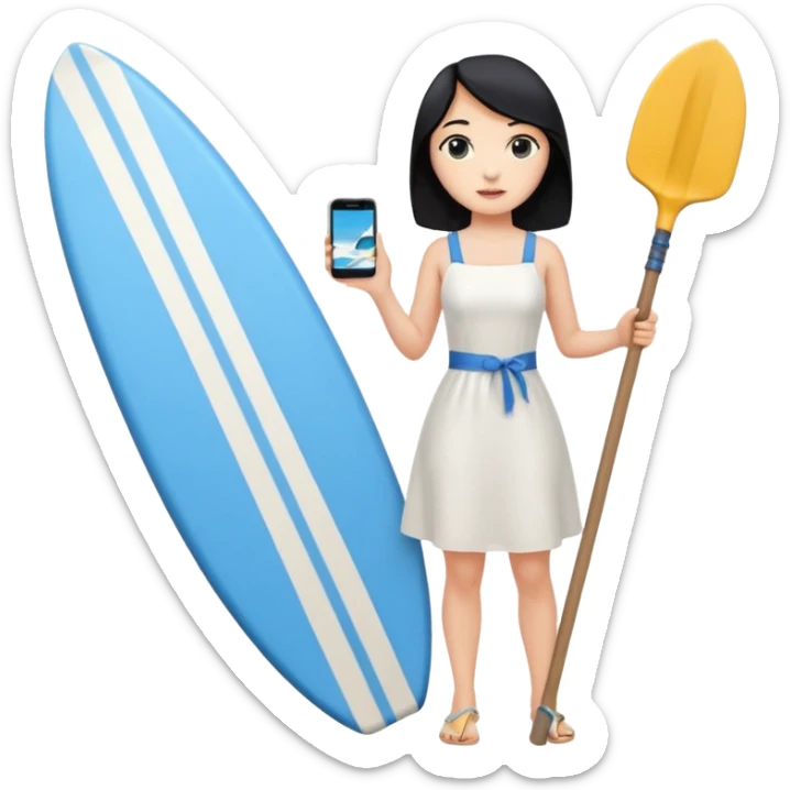 Princess who wearing white dress (woman) black hair holding her phone with her hand and holding long shovel with another hand. Under her feet, there is one blue surfing board. sticker