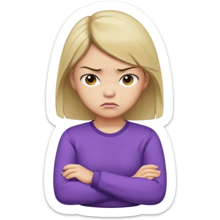 Angry Pouty girl with small asian eyes folding arms in a purple longsleeve shirt she has fair skin and medium length brown hair with blonde sticker