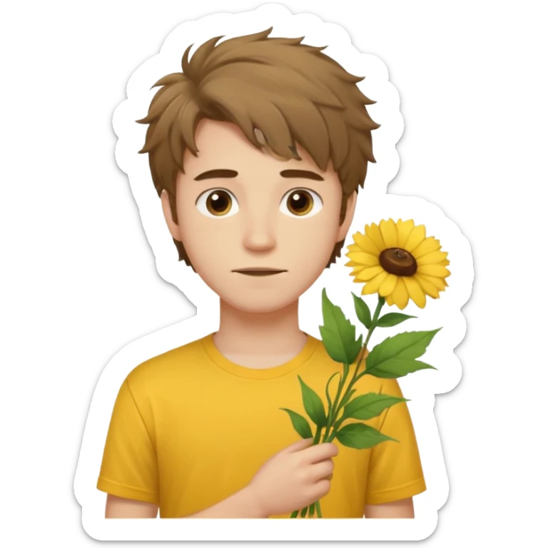 generate an ios genmoji of a 20 year old fair boy with brown long and messy hair with stubble on cheeks. should look like he cant grow a mustache., carrying a flower bouquet, wearing a yellow tshirt, looking shy sticker