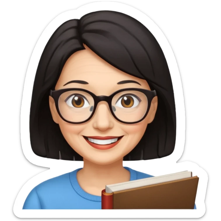 Older woman smiling, with black-brown hair and wearing reading glasses sticker