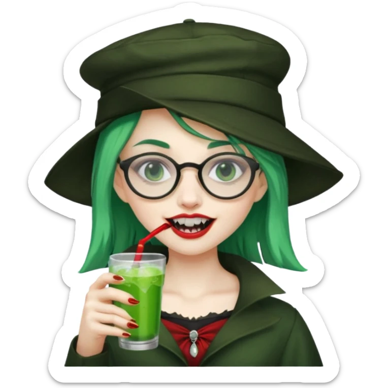 vampire green hair Drink holders with hat, wearing glasses, female,,teeth looks like vampire sticker