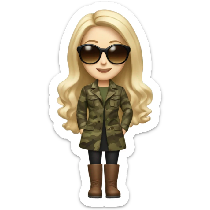 Realistic White girl with Long blonde hair and round sunglasses, camouflage Wool oversize blazer, mini dress and Brown leather boots  sticker