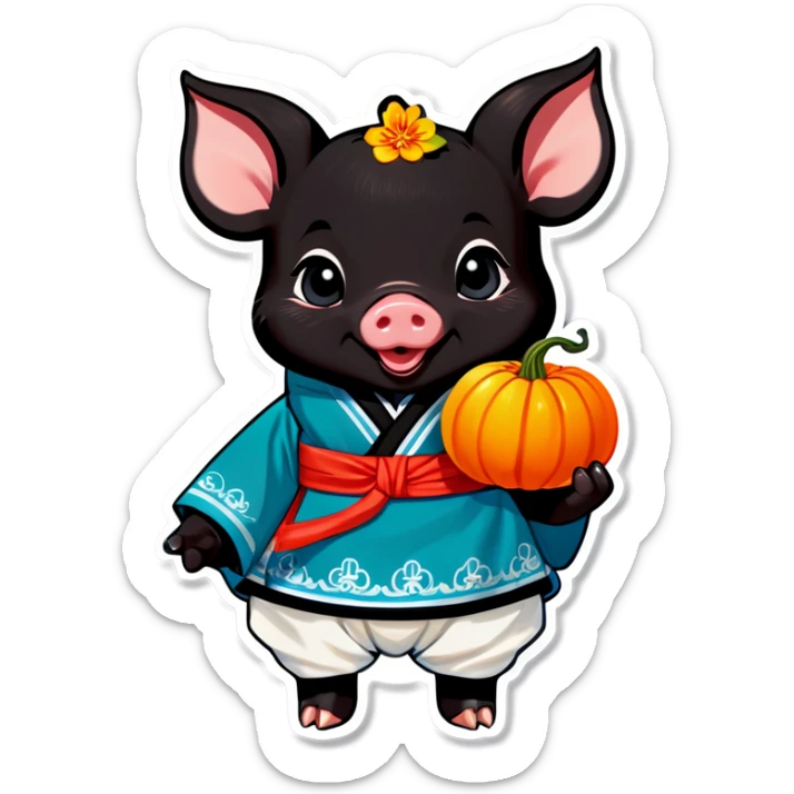 A black genderless piglet wearing hanbok with "luck” written on it and holding a pumpkin. sticker