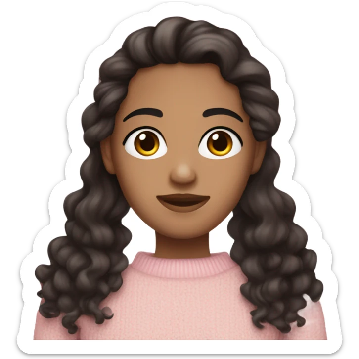 Dark Brown long curly end hair , white skin and dark brown eyes and big lashes wearing a light pink sweater  sticker