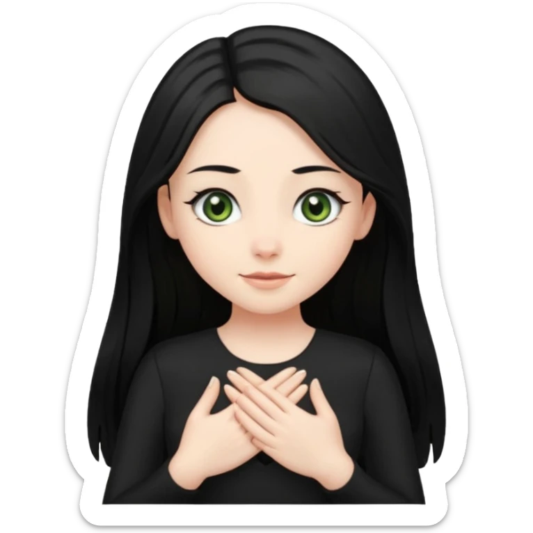 Pale girl with long black hair and olive green eyes soft smile wearing black dress and holding hands over her chest sticker