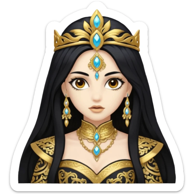 Akasha with white skin, brown eyes, black long hair, gold outfit sticker