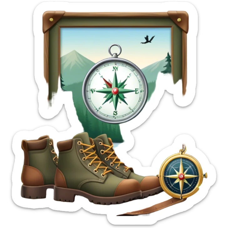 emoji for Hunting Tourism: a rifle, hunting boots, and a compass on a forest background, with a silhouette of wildlife in the distance. The icon should capture the adventure and connection with nature in hunting tourism. Transparent background. sticker