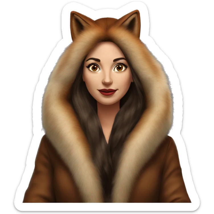 Beautiful Woman Realistic long hair brunette Mob wife big brown fox fur coat  sticker