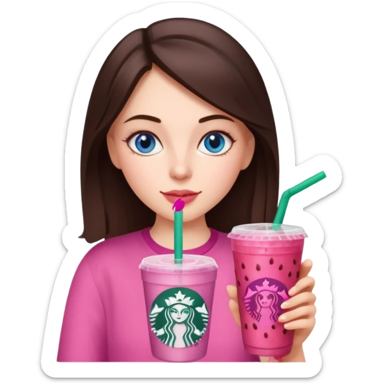 make an emoji of a brunette blue eye girl wearing pink drinking a strawberry acai refresher from starbucks sticker