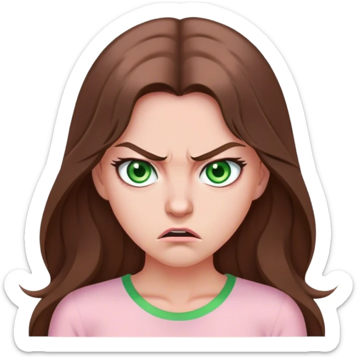pretty woman with very long brown hair and green eyes and light pink outfit angry sticker