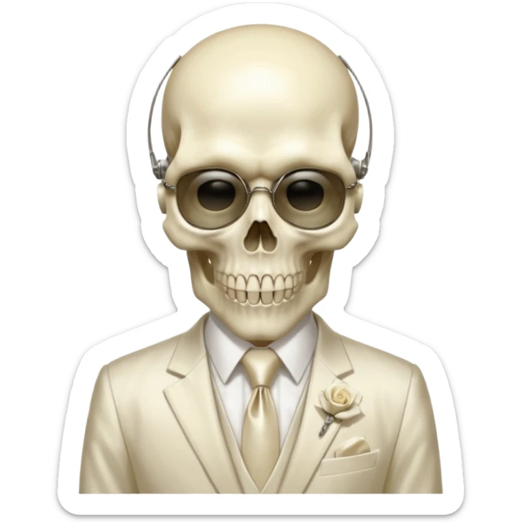 aesthetic shiny glowing divine lighting - Megadeth icon - a politician in an ivory ethereal suit wears a white tie, has a skull instead of a head, and instead of glasses, has a metal plate with screws over his eyes sticker
