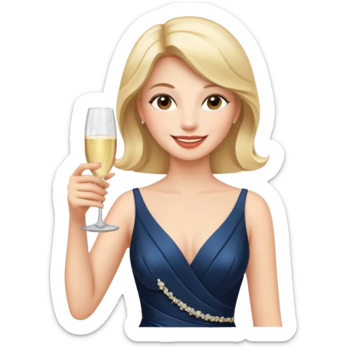 A confident woman in an evening dress raises her champagne glass with a calm, joyful smile. sticker
