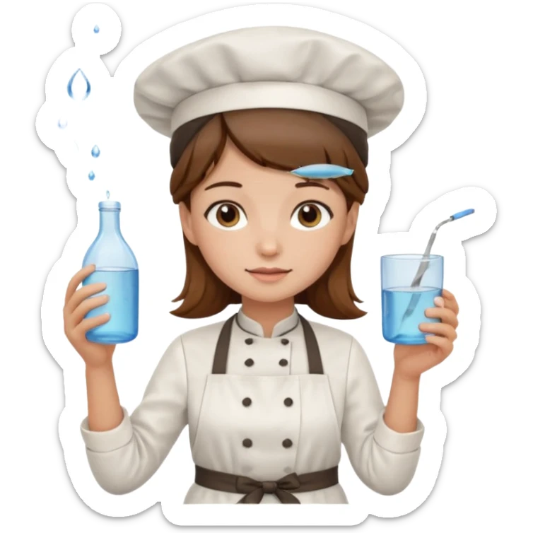 A girl with brown hair with a chef hat wearing an apron and holding a fish and a cup of water in another hand sticker