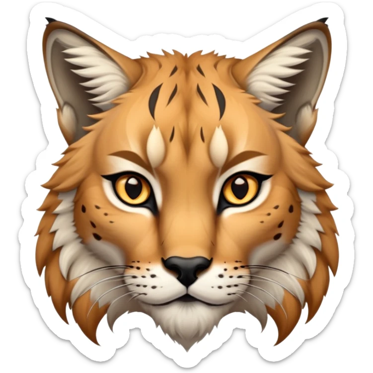 Cinematic-Noble-Lynx-Portrait-Emoji – Poised and regal, with a strong, agile build and a strikingly patterned fur of warm tawny fur accented by bold black ear tufts, deep-set, intelligent amber eyes, simplified yet sharp and sophisticated. zoomed out sticker