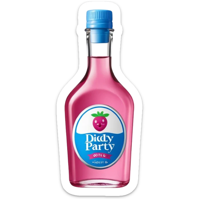 bottle of oil blue top pink outside with logo that says Diddy Party oil Johnson and Johnson  brand with a smiling berry on top sticker