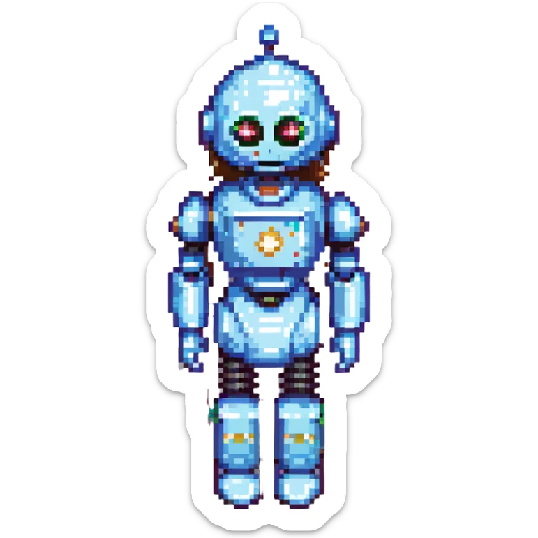 shoulders-up portrait of a cute female recruiter robot, 8-bit pixel art style, metallic, talking, one hand in the air, with long eyelashes sticker