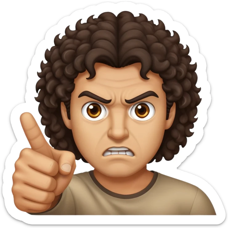 Angry tan man with big dark curly brown hair and brown eyes pointing at me sticker