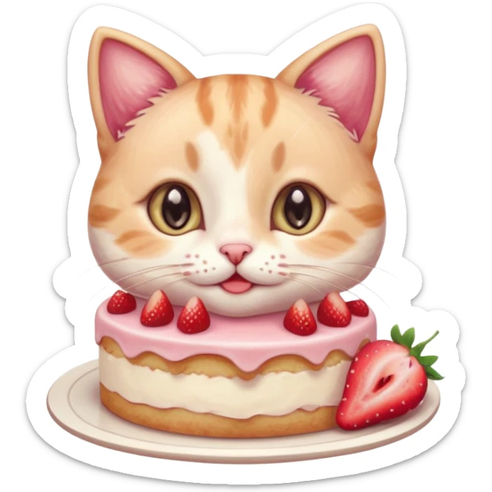 A cute cat happily eating a slice of strawberry cake, pastel color palette, soft shading, big sparkling eyes, kawaii style, highly detailed digital illustration, cozy atmosphere
, sticker