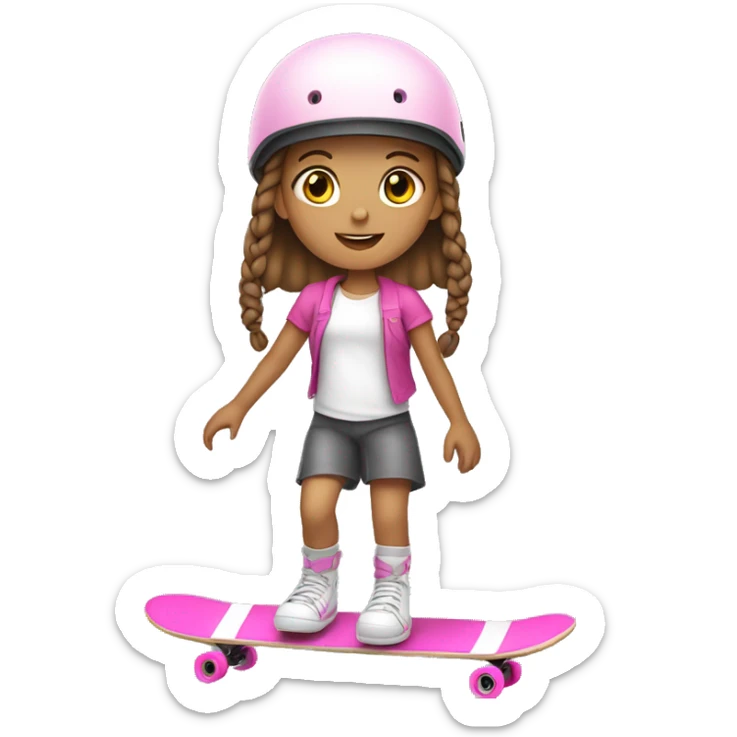 white little girl, brown hair with braids, with pink helmet skateboarding sticker