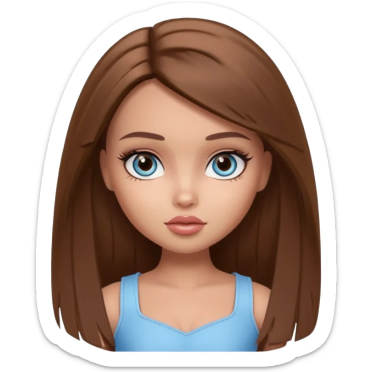 Pretty Bratz doll baddie, straight brown mid lenght hair, pale-tanned skin, natural makeup, light blue-grey eyes sticker