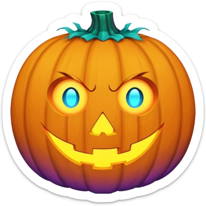 A futuristic glowing jack-o'-lantern face emoji, purple and cyan colors only, dark background sticker