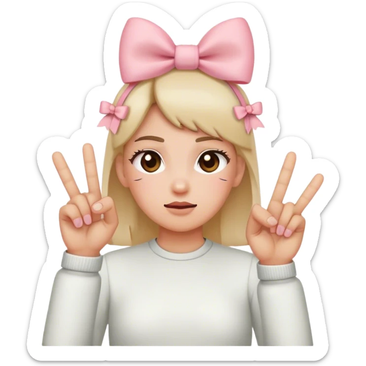 Blushing emoji with bows on the both side of the head with the two middle fingers sticker