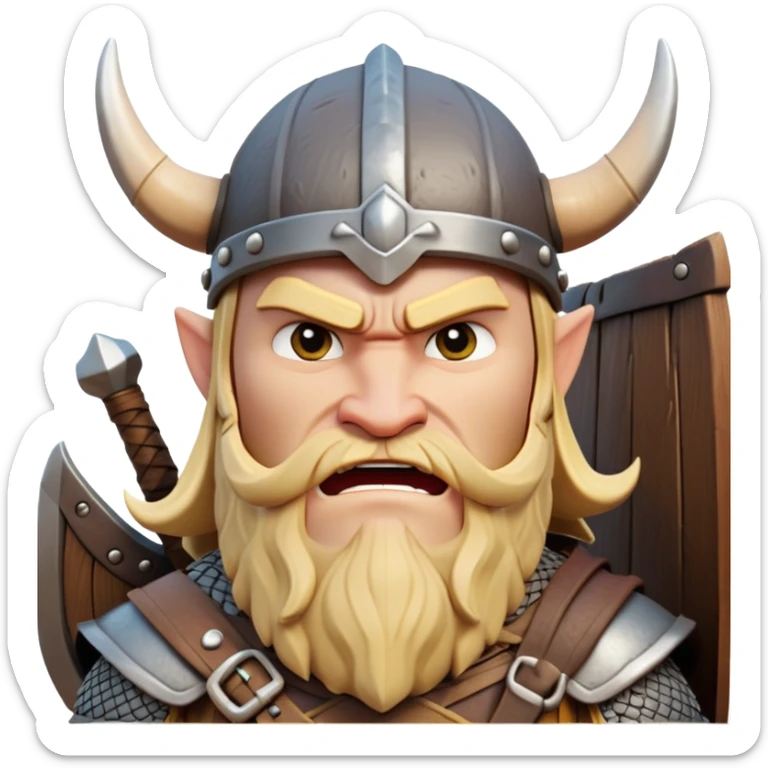 clash-of-clans-aesthetic_-cinematic-comical-viking-portrait-emoji, head tilted dramatically with an exaggerated, fierce expression and wide, comically expressive eyes, featuring a rugged yet cartoonish build with a quirky Viking helmet, standing boldly at the prow of a dragon-headed longship, its intricate dragon details carving through icy waters with epic determination. sticker