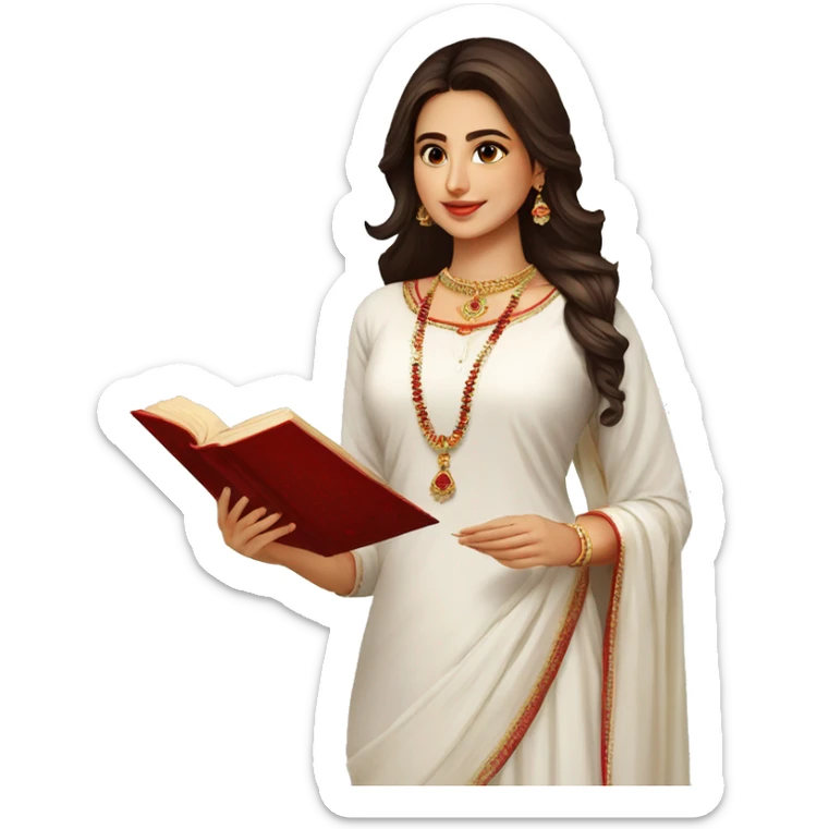 A modern women wearing white Kurti no embroidery red dupatta no jewellery and book in hand sticker