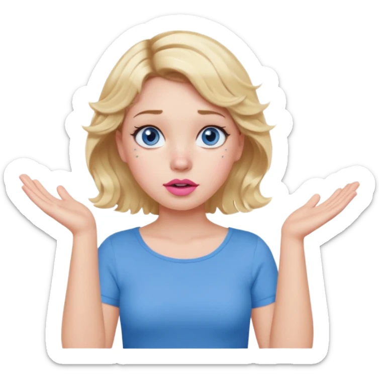 Girl Blonde short wavy hair,  blue eyes, cute blue top, long lashes, pink lips, confused, shrugging hands raised sticker