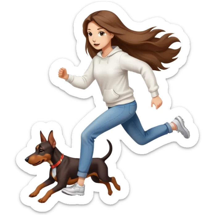 A beautiful girl with long hair wearing a white sweatshirt and jeans is running with a Doberman sticker