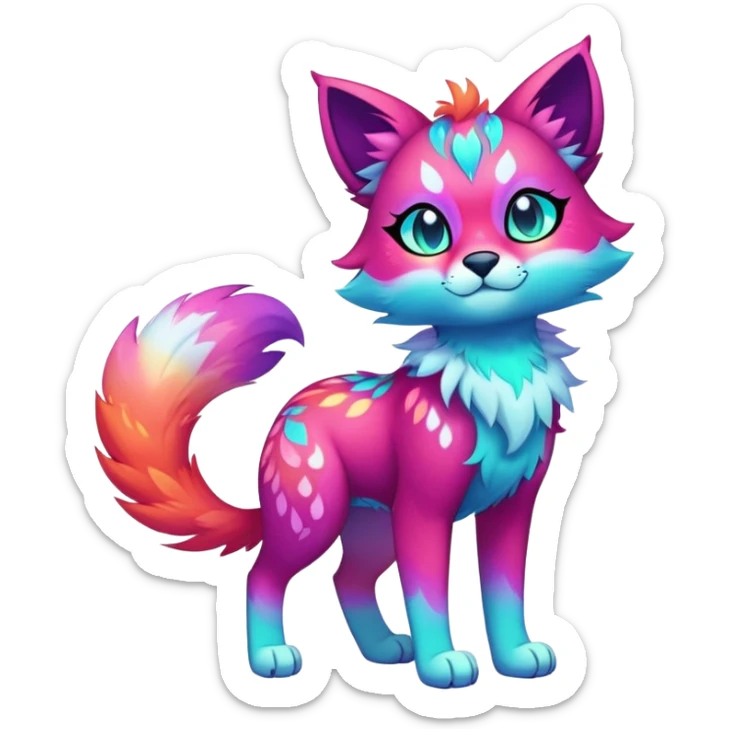 Vibrant multicolored neon-colored Falvie-Fionbri-creature-sparkle-feline-canine-hybrid-fursona, full body, fur pattern-markings sticker