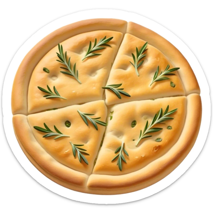 Focaccia Cinematic Realistic Focaccia Bread Dish Emoji, depicted as a golden, olive-oil brushed flatbread sprinkled with herbs, rendered with lifelike textures and warm, inviting lighting. sticker
