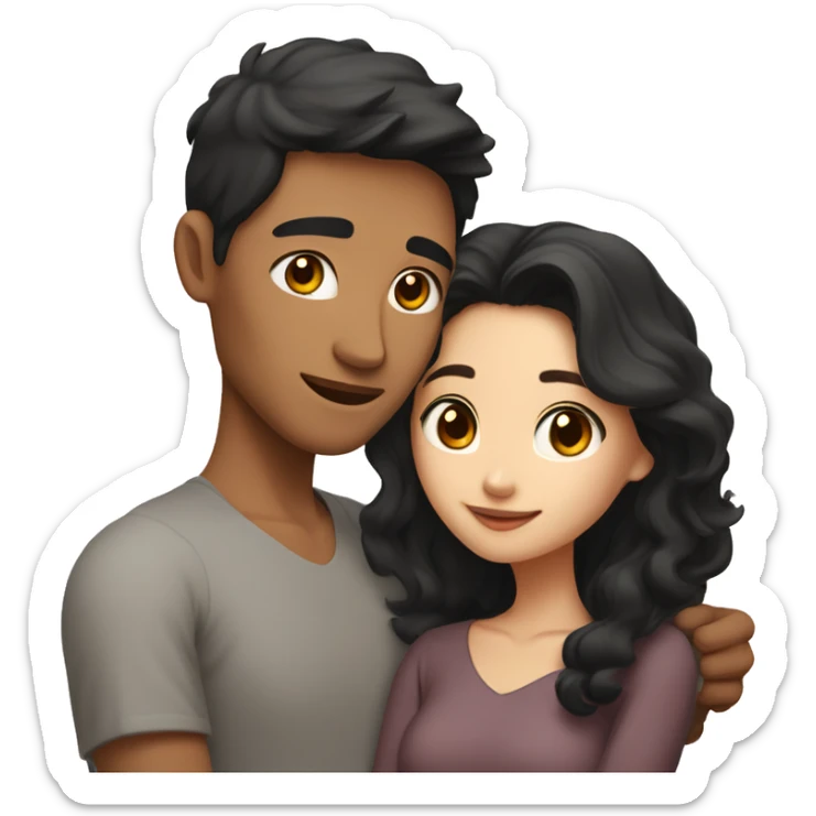 A half pale Asian man with short dark hair and amber eyes embracing and loving a half Asian woman with long wavy dark hair and dark hazel eyes. They love each other a lot And have good fashion taste. And are having a lot of fun sticker