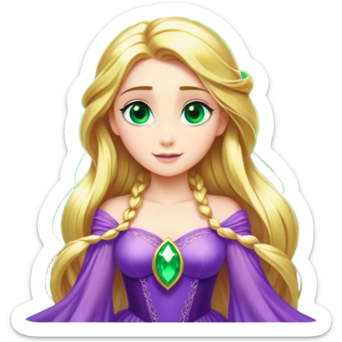 Cinematic Stunning Rapunzel Portrait Emoji, Golden hair cascading in a luminous waterfall, big emerald-green eyes full of wonder, wearing her iconic purple gown, radiating beauty and magic, glowing with fairy-tale charm! sticker