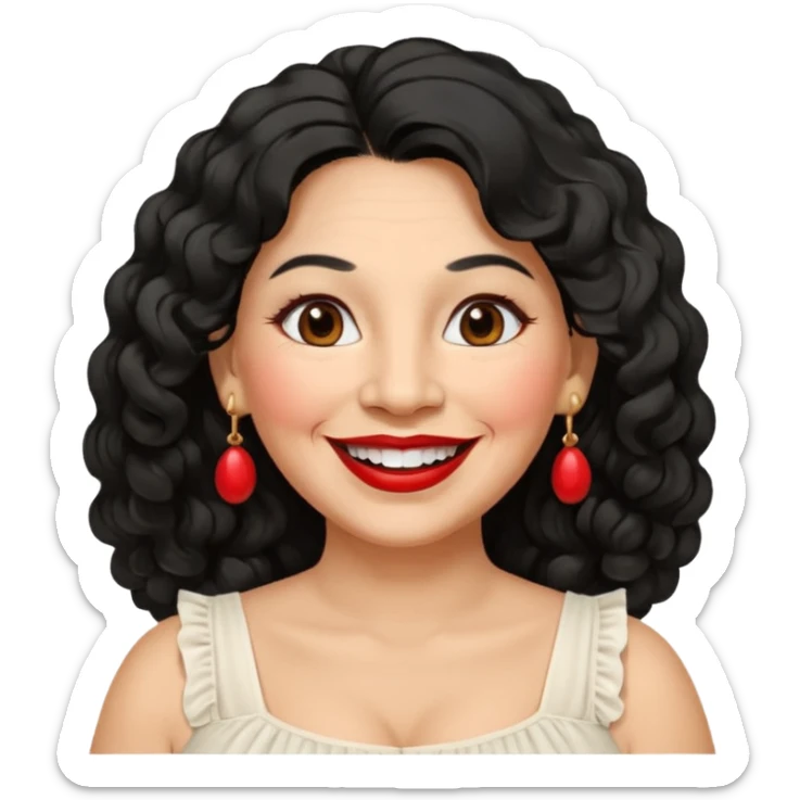 60 yr old peruvian woman, slightly chubby, wavy/curly long black hair, red lipstick, big smile, white teeth, brown eyes, hoop earings, side part to hair, round face, pretty white dress sticker