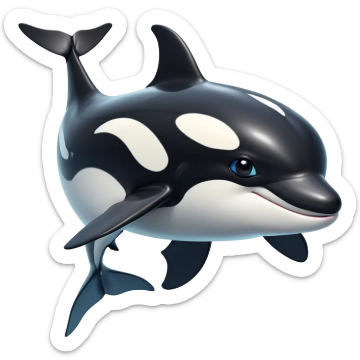 Cinematic Noble orca Portrait Emoji, Poised and majestic, with a sleek, streamlined black-and-white body, piercing intelligent eyes, and a powerful, commanding presence, Simplified yet sharp and sophisticated features, highly detailed, glowing with a soft oceanic radiance, high shine, intelligent and formidable, stylized with an air of deep-sea dominance, focused and alert, soft glowing outline, capturing the essence of an apex predator that appears ready to surge out of the waves with effortless authority! sticker