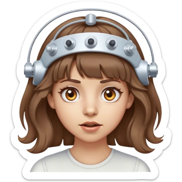 girl with light skin tone wavy brown hair and bangs wearing electrodes on her head crazy eyes sticker